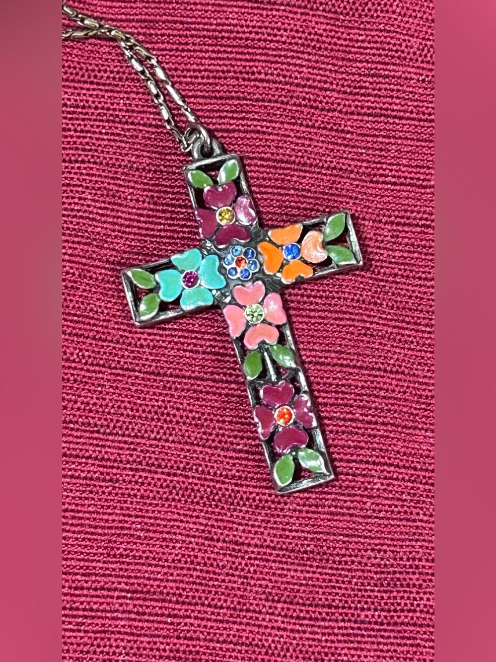 Ben-Amun Vintage Signed Floral Enamel Cross Pendant Necklace Silver Tone